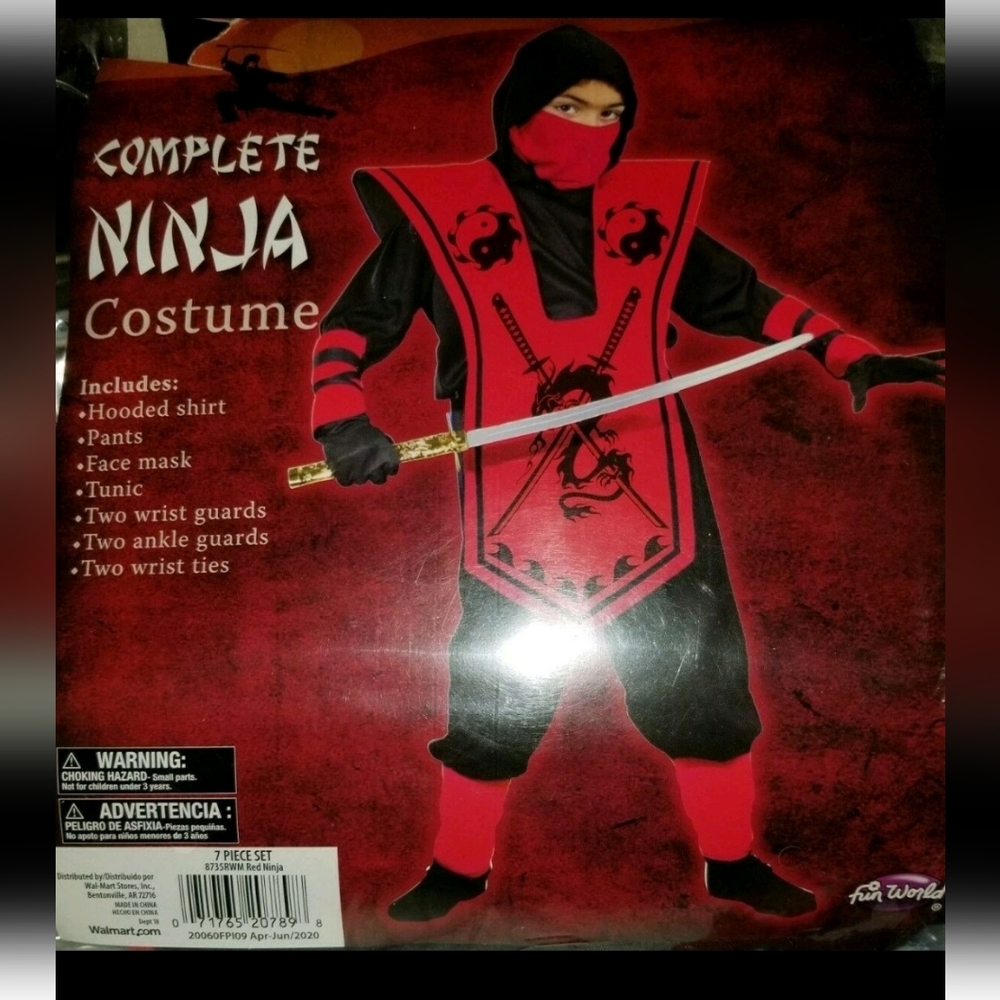 Fun World Red/Black Complete Ninja Costume Boy Sz S(4-6) Halloween NIP